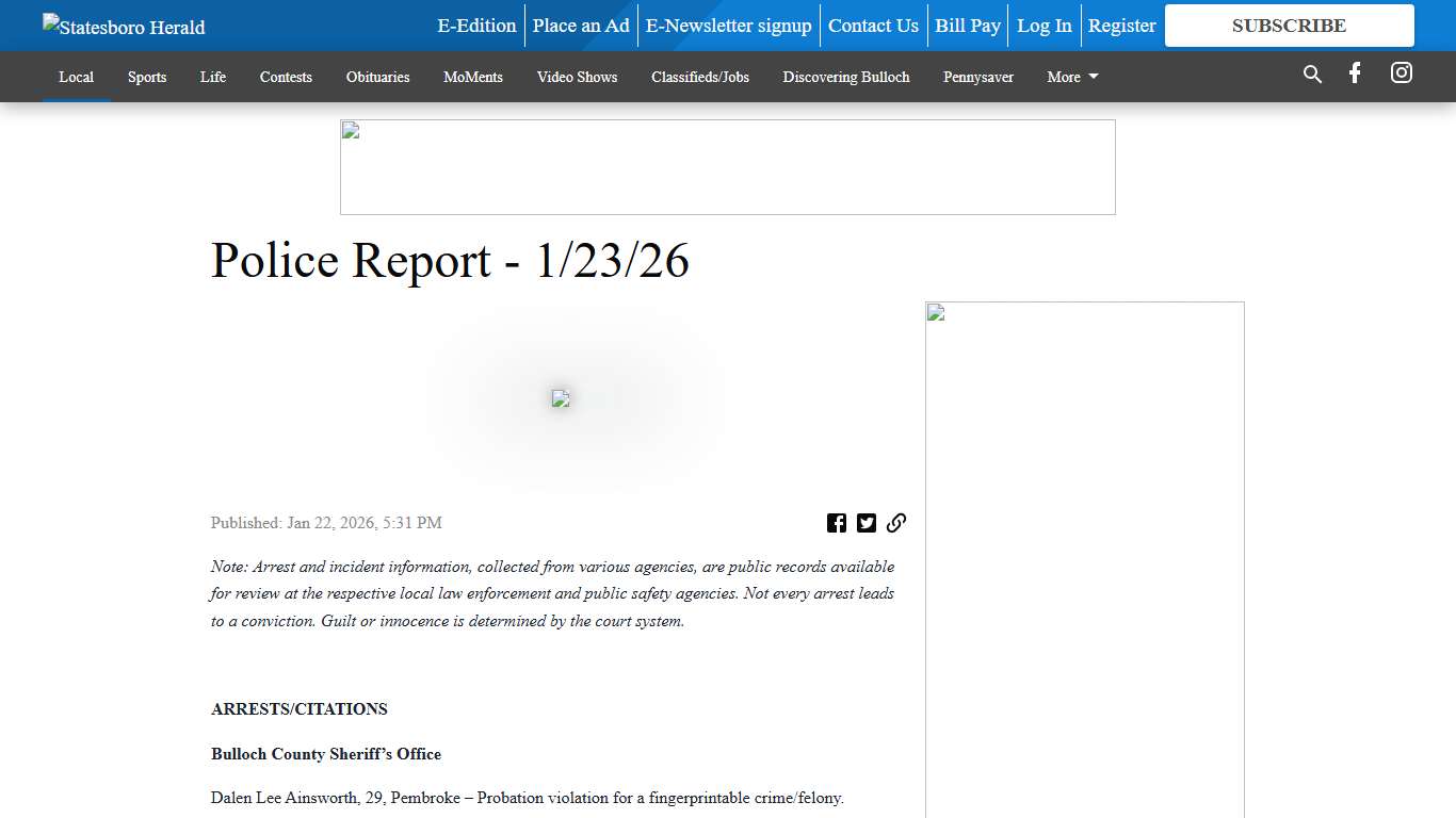 Police Report - 1/23/26 - Statesboro Herald