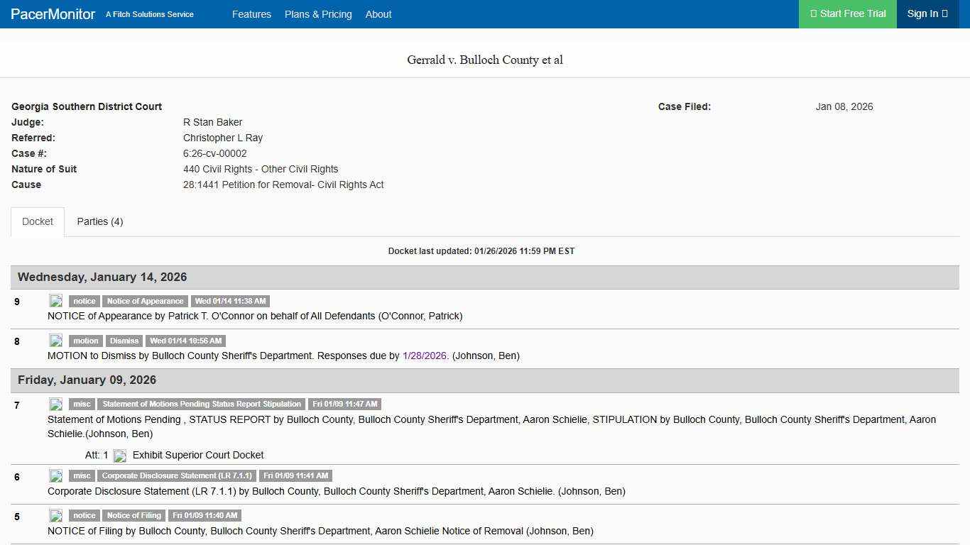Gerrald v. Bulloch County et al (6:26-cv-00002), Georgia Southern District Court